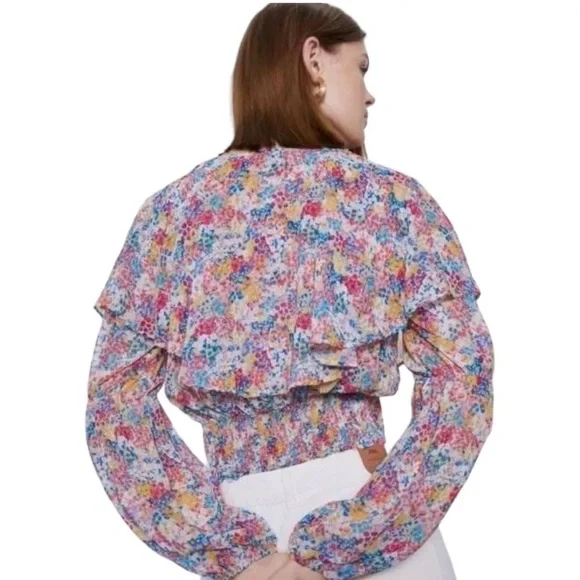 ZARA Floral Chiffon Boho Crop Top Size X-Small floral colorful Summer top - Picture 3 of 9